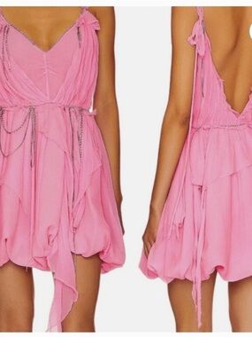 LoveShackFancy Pink Ruffled Bubble-Hem Mini Dress